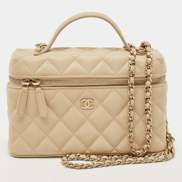 Pre Owned Chanel Vanity Case Slim Beige Quilted Caviar Leather Shoulder Bag