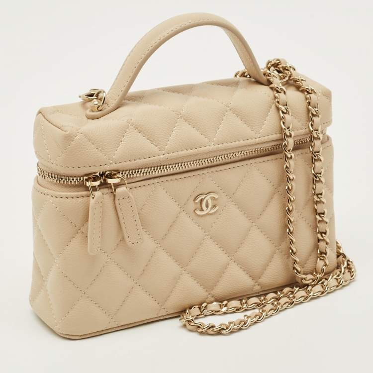 Pre Owned Chanel Vanity Case Slim Beige Quilted Caviar Leather Shoulder Bag
