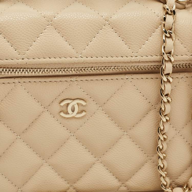 Pre Owned Chanel Vanity Case Slim Beige Quilted Caviar Leather Shoulder Bag