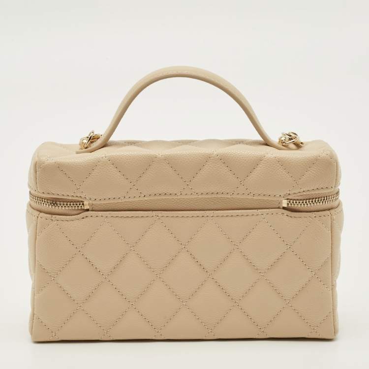 Pre Owned Chanel Vanity Case Slim Beige Quilted Caviar Leather Shoulder Bag