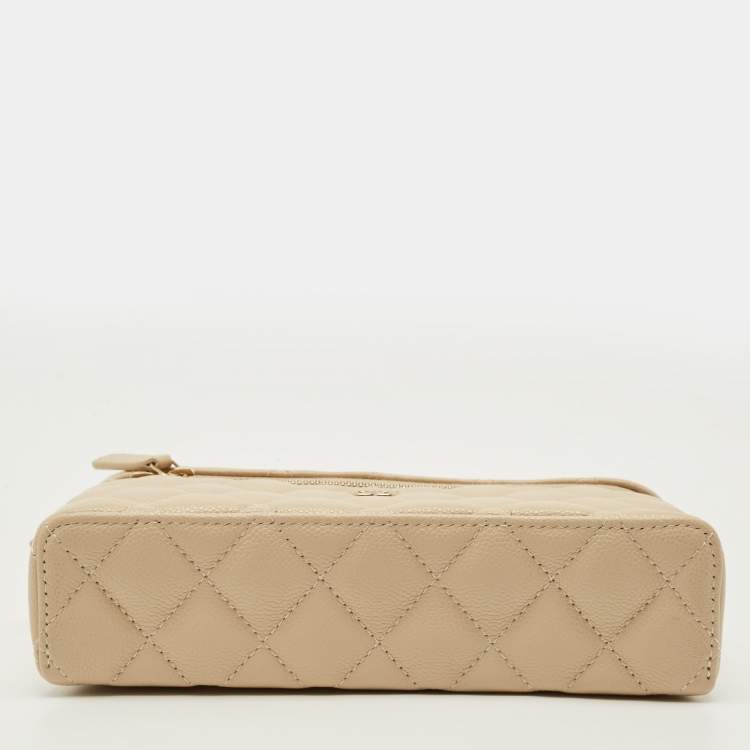 Pre Owned Chanel Vanity Case Slim Beige Quilted Caviar Leather Shoulder Bag