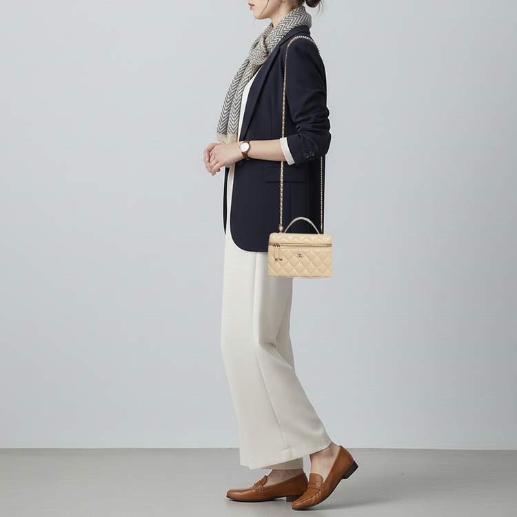 Pre Owned Chanel Vanity Case Slim Beige Quilted Caviar Leather Shoulder Bag