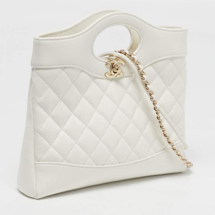 Pre Owned Chanel 31 Mini White Quilted Crumpled Leather Shopping Tote