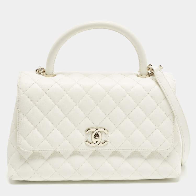 Pre Owned Chanel Coco Handle Medium White Quilted Caviar Leather Top Handle Bag