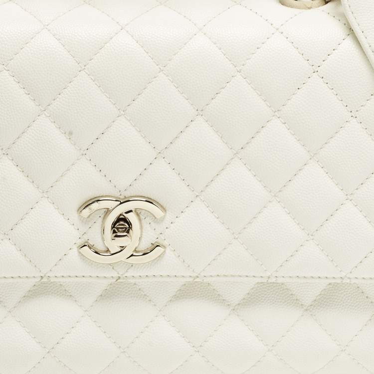 Pre Owned Chanel Coco Handle Medium White Quilted Caviar Leather Top Handle Bag