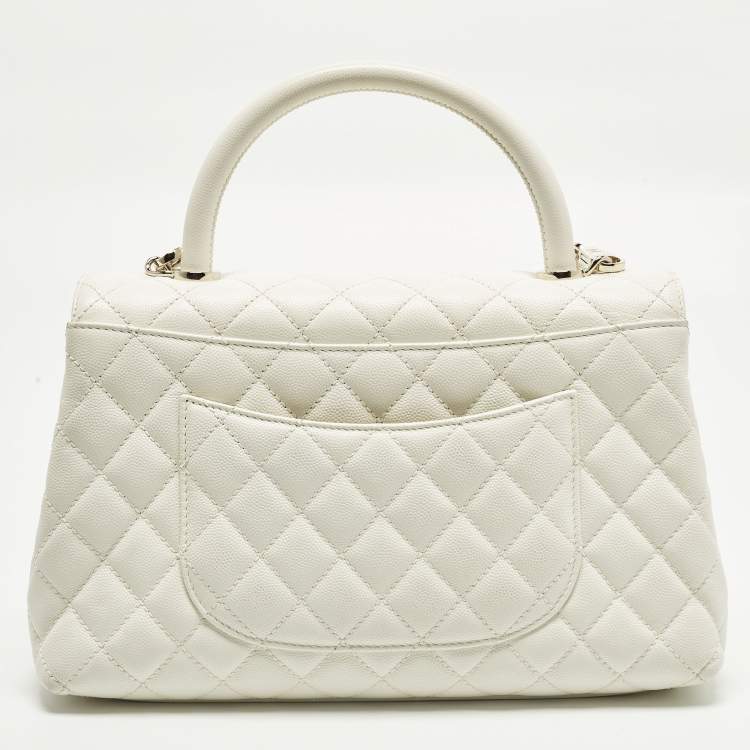 Pre Owned Chanel Coco Handle Medium White Quilted Caviar Leather Top Handle Bag