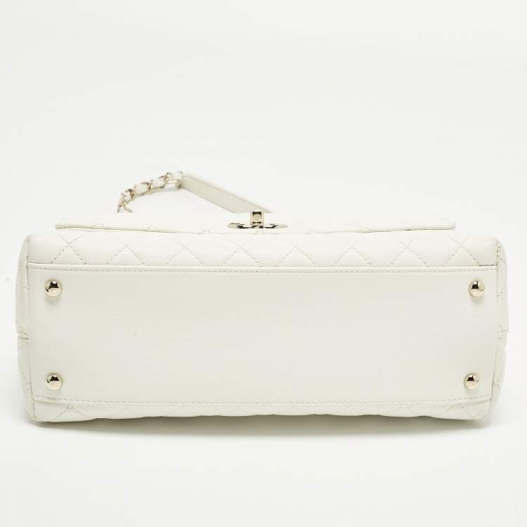 Pre Owned Chanel Coco Handle Medium White Quilted Caviar Leather Top Handle Bag