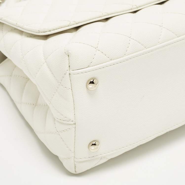 Pre Owned Chanel Coco Handle Medium White Quilted Caviar Leather Top Handle Bag