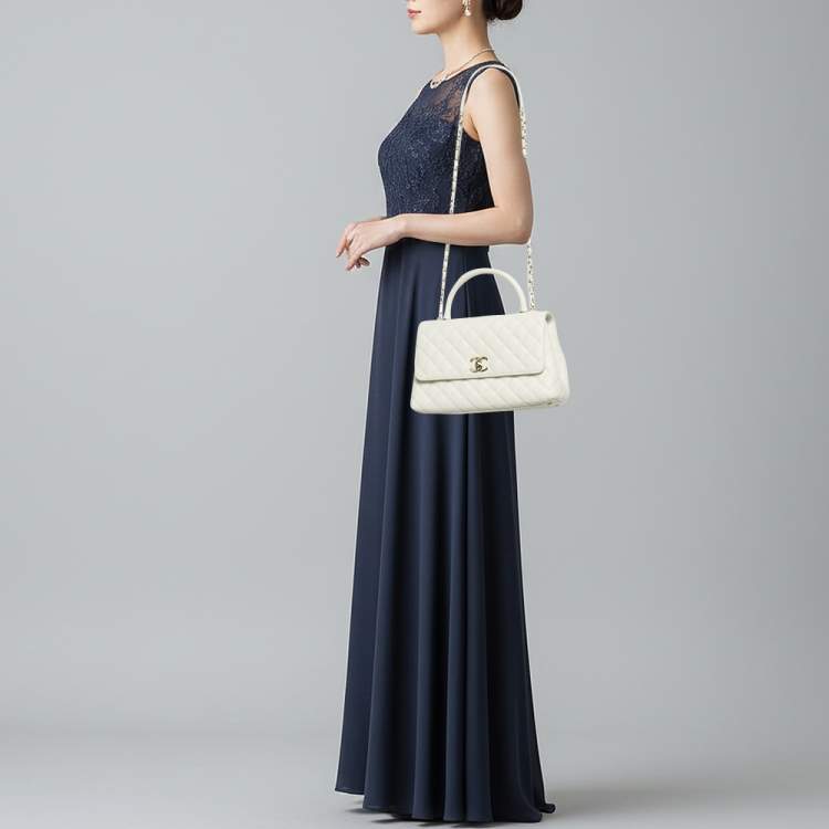 Pre Owned Chanel Coco Handle Medium White Quilted Caviar Leather Top Handle Bag