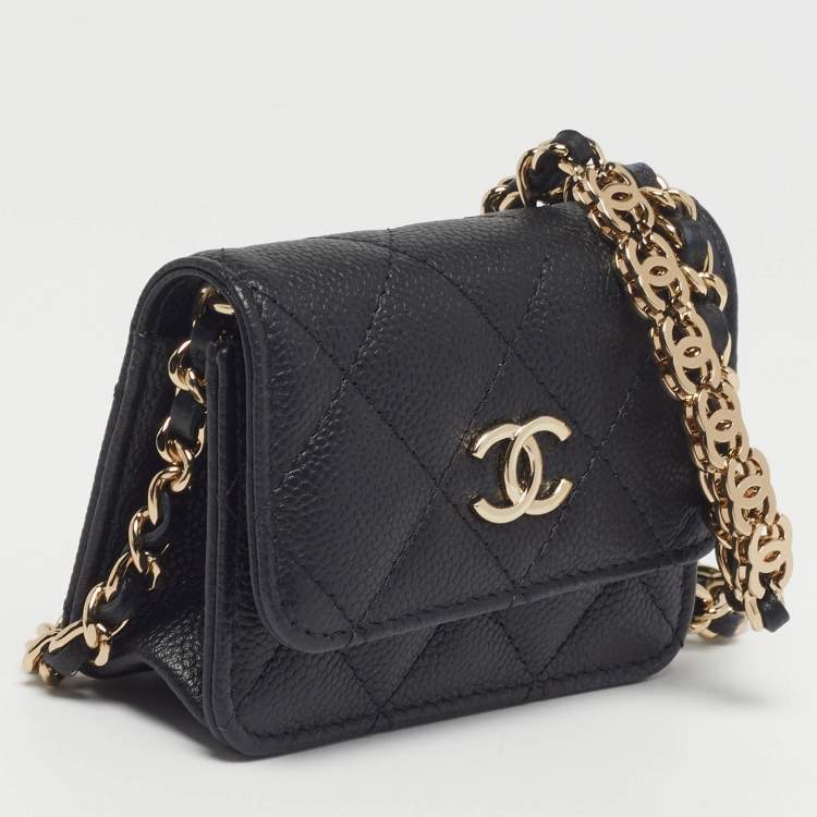 Pre Owned Chanel Classic Micro Black Quilted Caviar Leather CC Flap Bag