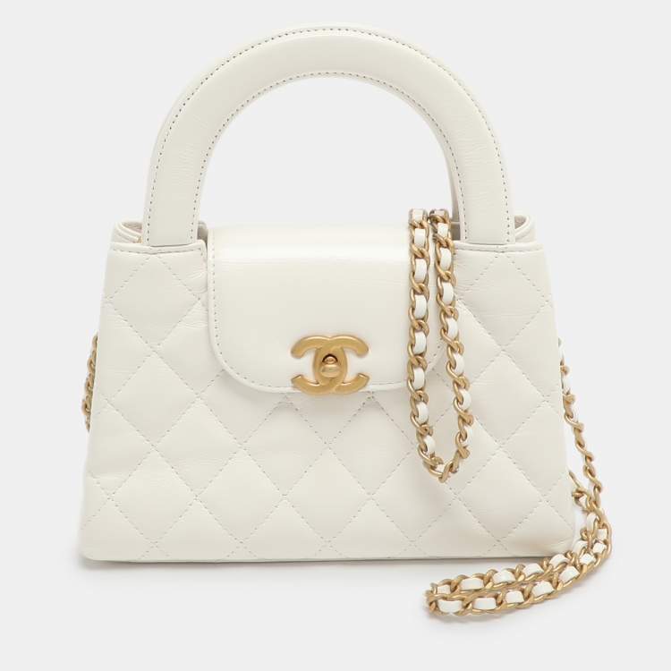 Pre Owned Chanel Kelly Nano White Quilted Leather Shopper Bag