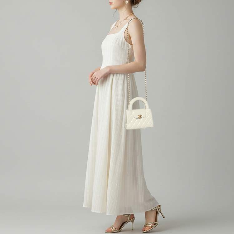 Pre Owned Chanel Kelly Nano White Quilted Leather Shopper Bag