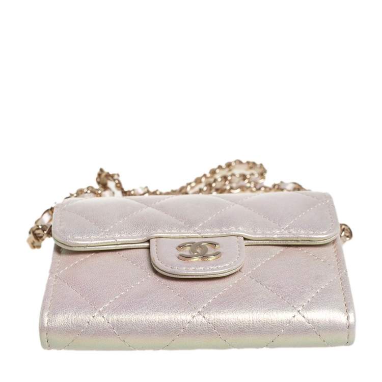 Pre Owned Chanel Metallic White Leather Card Holder with Chain