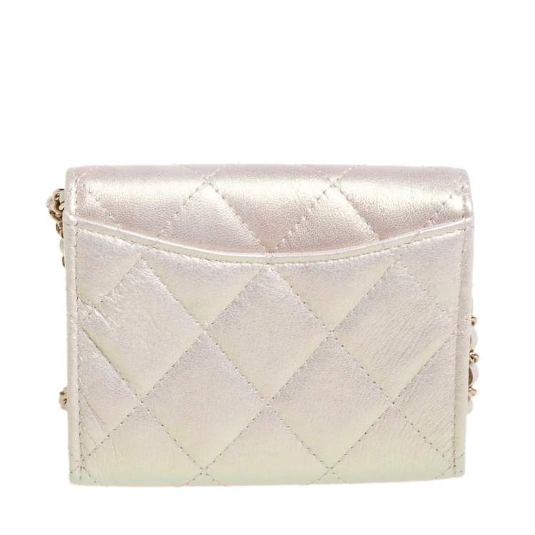 Pre Owned Chanel Metallic White Leather Card Holder with Chain