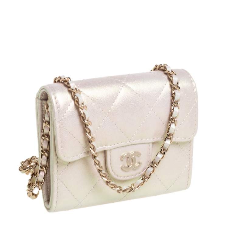 Pre Owned Chanel Metallic White Leather Card Holder with Chain