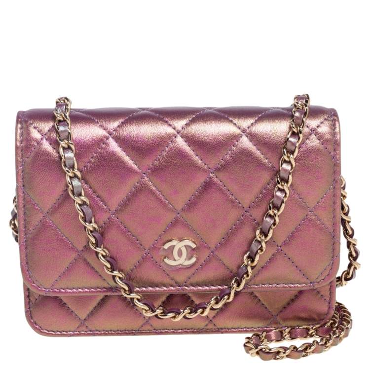 Chanel Pink Iridescent Quilted Leather Classic Wallet on Chain
