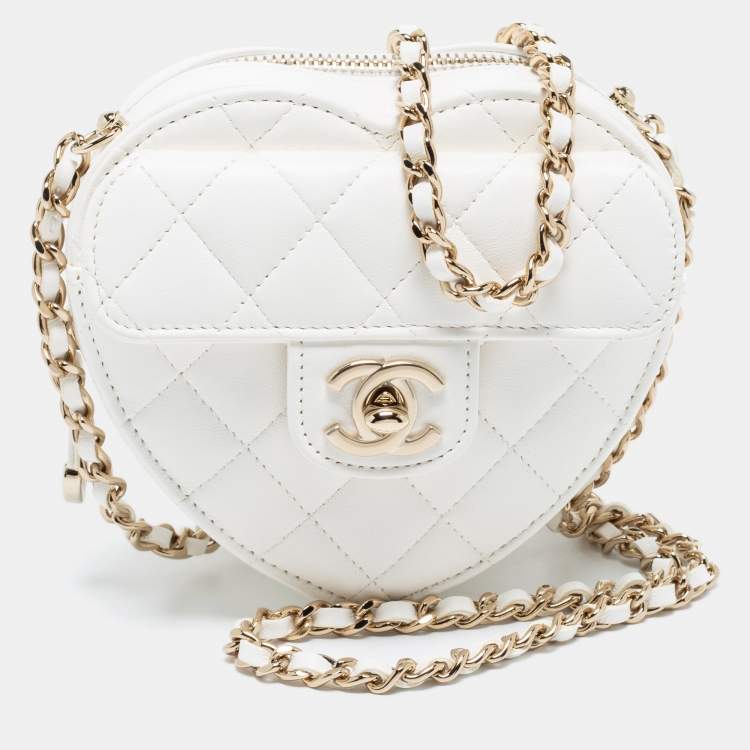 Chanel White Leather Mini CC In Love Heart Chain Shoulder Bag Chanel