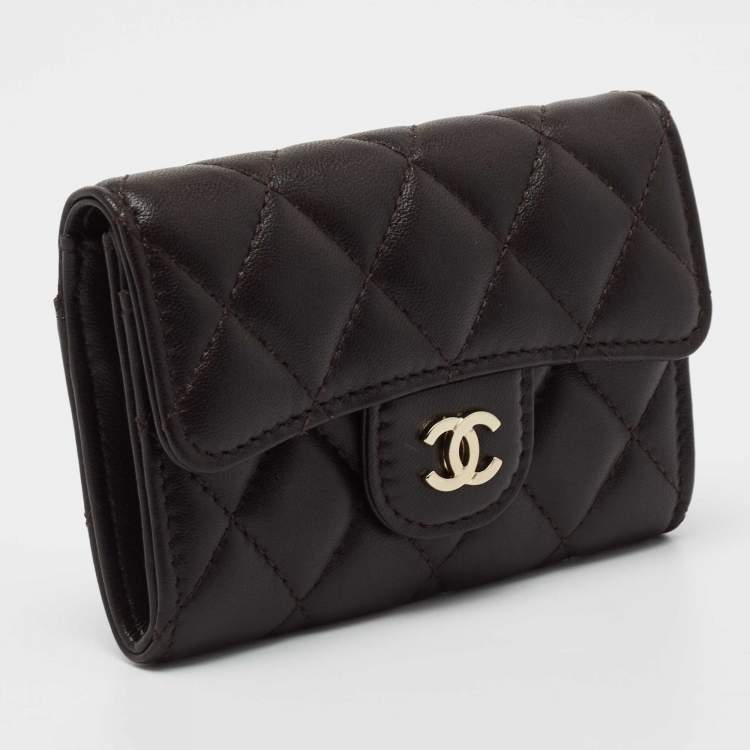 Pre Owned Chanel Dark Brown Quilted Leather CC Classic Flap Card Case