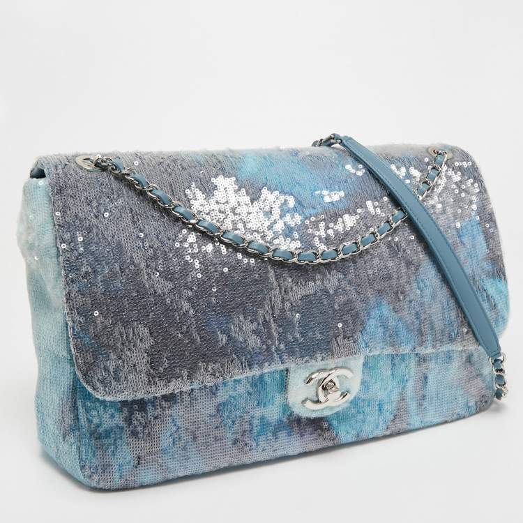 Pre Owned Chanel Blue Sequins Large Waterfall Flap Bag