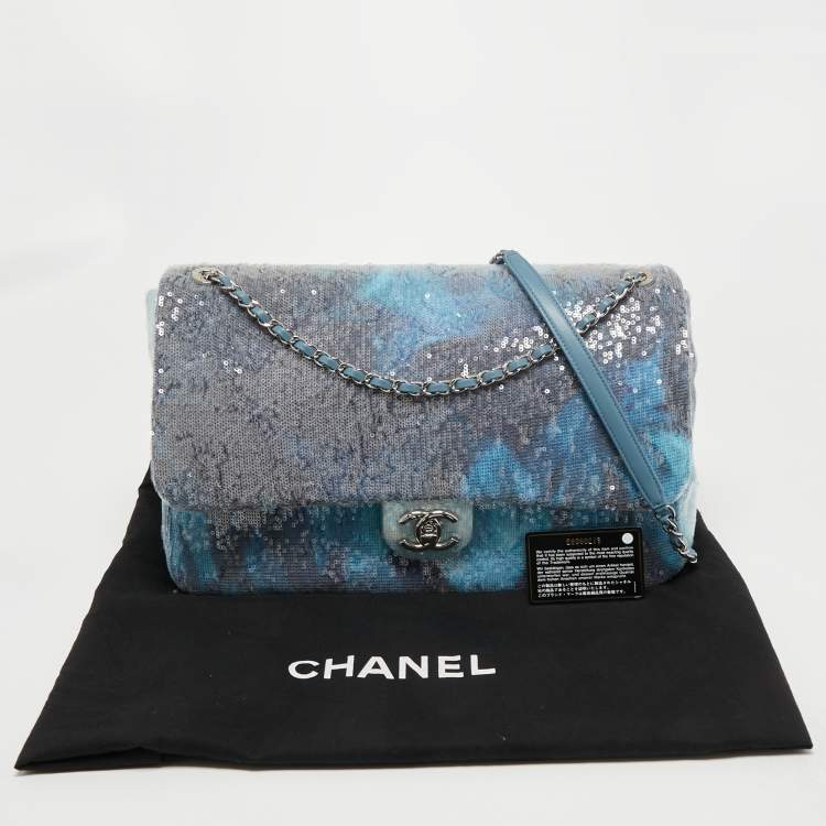 Pre Owned Chanel Blue Sequins Large Waterfall Flap Bag