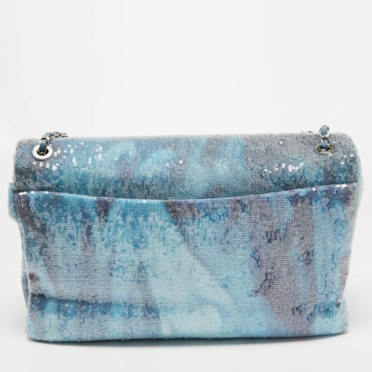 Pre Owned Chanel Blue Sequins Large Waterfall Flap Bag