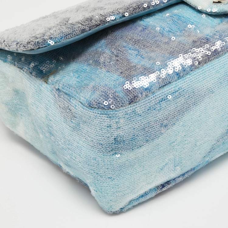 Pre Owned Chanel Blue Sequins Large Waterfall Flap Bag