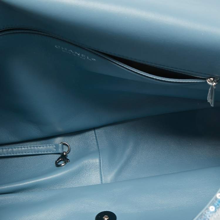 Pre Owned Chanel Blue Sequins Large Waterfall Flap Bag