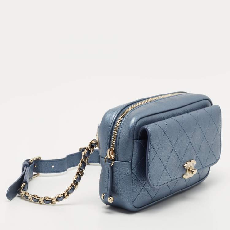 Pre Owned Chanel Metallic Blue Leather Casual Trip Waist Bag