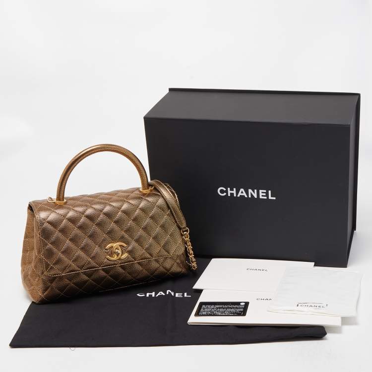 Pre Owned Chanel Gold Quilted Caviar Leather Small Coco Top Handle Bag