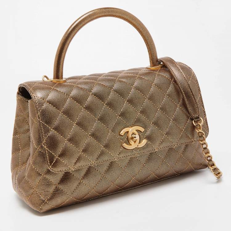 Pre Owned Chanel Gold Quilted Caviar Leather Small Coco Top Handle Bag