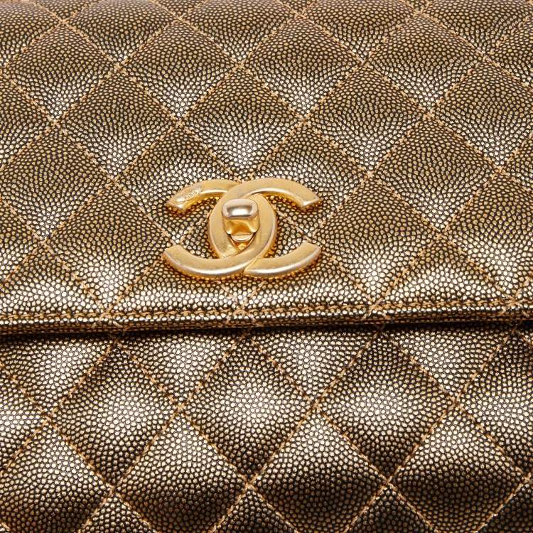 Pre Owned Chanel Gold Quilted Caviar Leather Small Coco Top Handle Bag