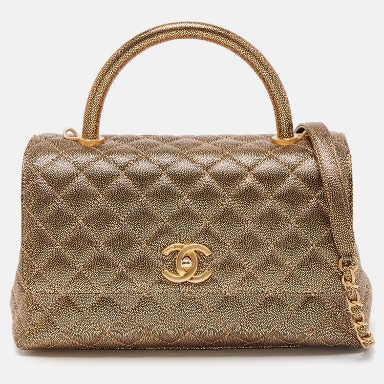 Chanel Gold Quilted Caviar Leather Small Coco Top Handle Bag Chanel