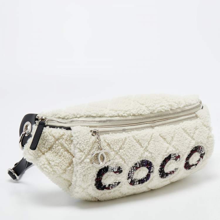 Pre Owned Chanel Off White Shearling and Tweed Coco Belt Bag