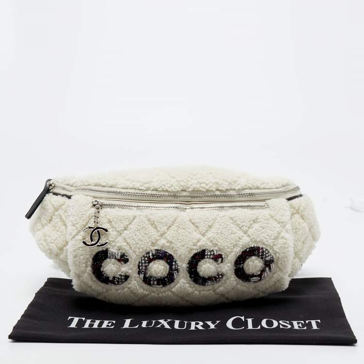 Pre Owned Chanel Off White Shearling and Tweed Coco Belt Bag