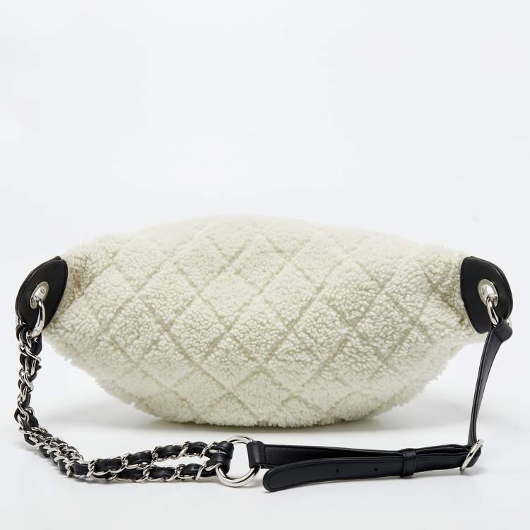 Pre Owned Chanel Off White Shearling and Tweed Coco Belt Bag
