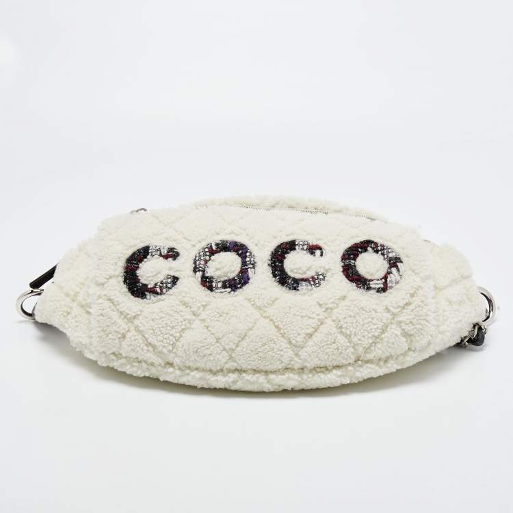 Pre Owned Chanel Off White Shearling and Tweed Coco Belt Bag