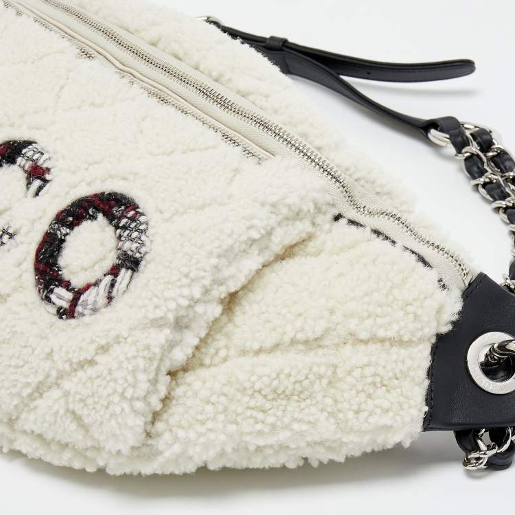 Pre Owned Chanel Off White Shearling and Tweed Coco Belt Bag