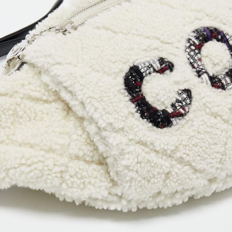 Pre Owned Chanel Off White Shearling and Tweed Coco Belt Bag