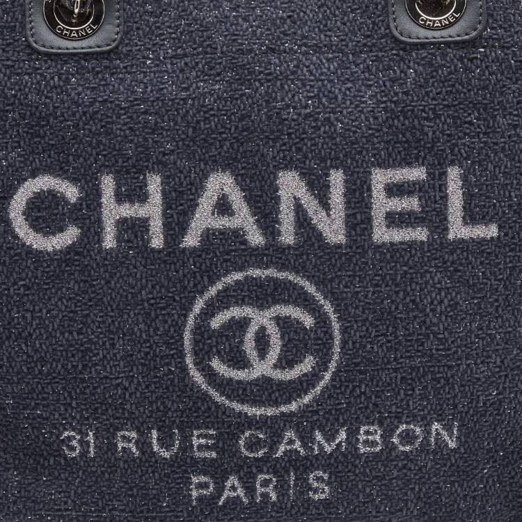 Pre Owned Chanel Navy Blue Tweed Medium Deauville Tote