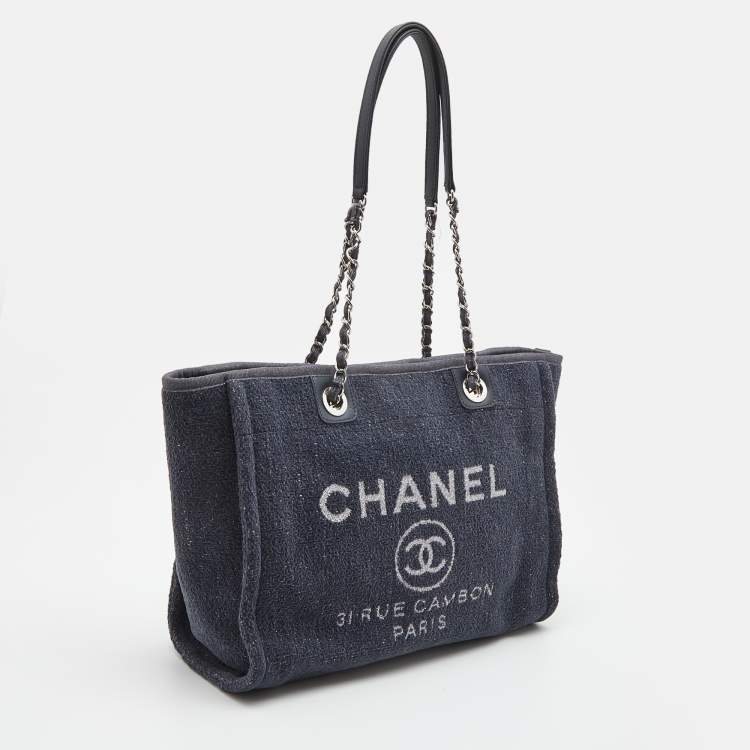 Pre Owned Chanel Navy Blue Tweed Medium Deauville Tote