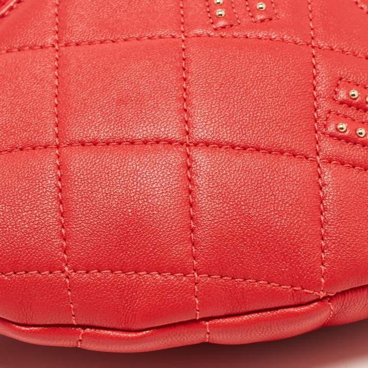 Pre Owned Chanel Red Quilted Leather Studded Logo Waist Bag