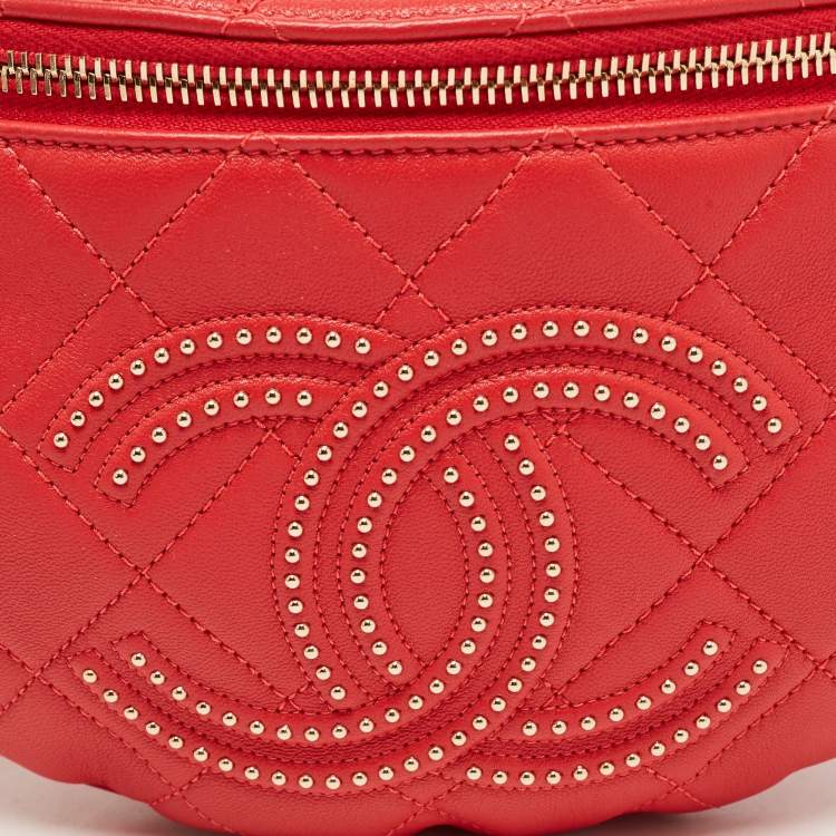 Pre Owned Chanel Red Quilted Leather Studded Logo Waist Bag