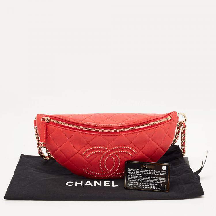 Pre Owned Chanel Red Quilted Leather Studded Logo Waist Bag