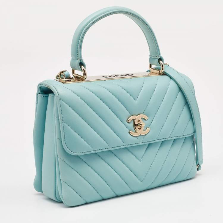 Pre Owned Chanel Green Chevron Leather Small Trendy CC Flap Top Handle Bag