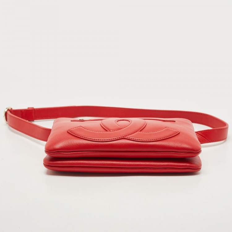 Pre Owned Chanel Red Leather CC Mania Double Zip Waist Belt Bag