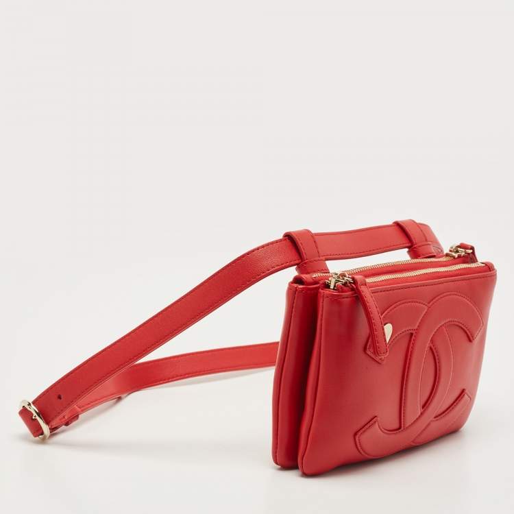 Pre Owned Chanel Red Leather CC Mania Double Zip Waist Belt Bag