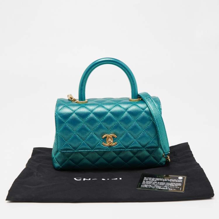 Pre Owned Chanel Metallic Green Quilted Caviar Leather Small Coco Top Handle Bag