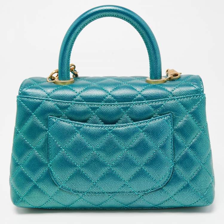 Pre Owned Chanel Metallic Green Quilted Caviar Leather Small Coco Top Handle Bag