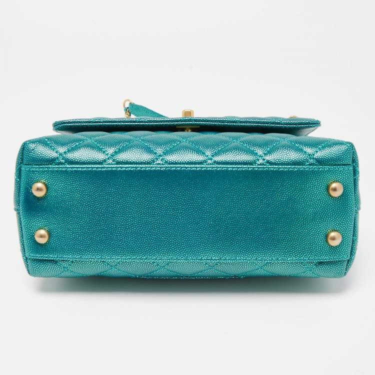 Pre Owned Chanel Metallic Green Quilted Caviar Leather Small Coco Top Handle Bag