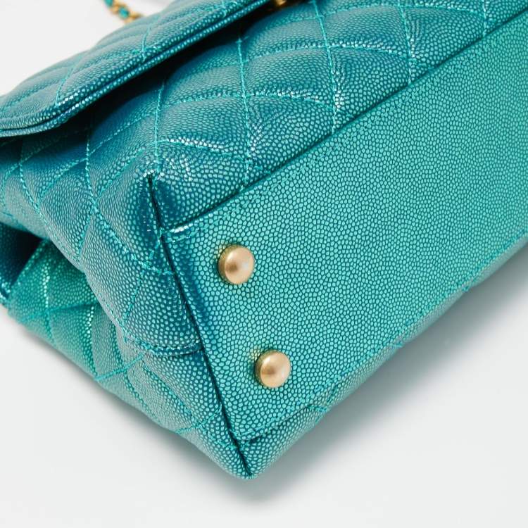 Pre Owned Chanel Metallic Green Quilted Caviar Leather Small Coco Top Handle Bag